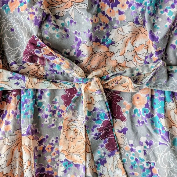 Vintage Floral Blue Purple Orange Short Sleeve Empire Waist Maxi Dress - Picture 5 of 14